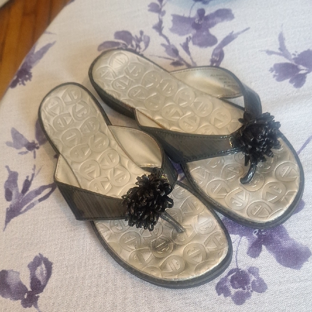 Black Slip-On Sandals with Pom-Pom Detail